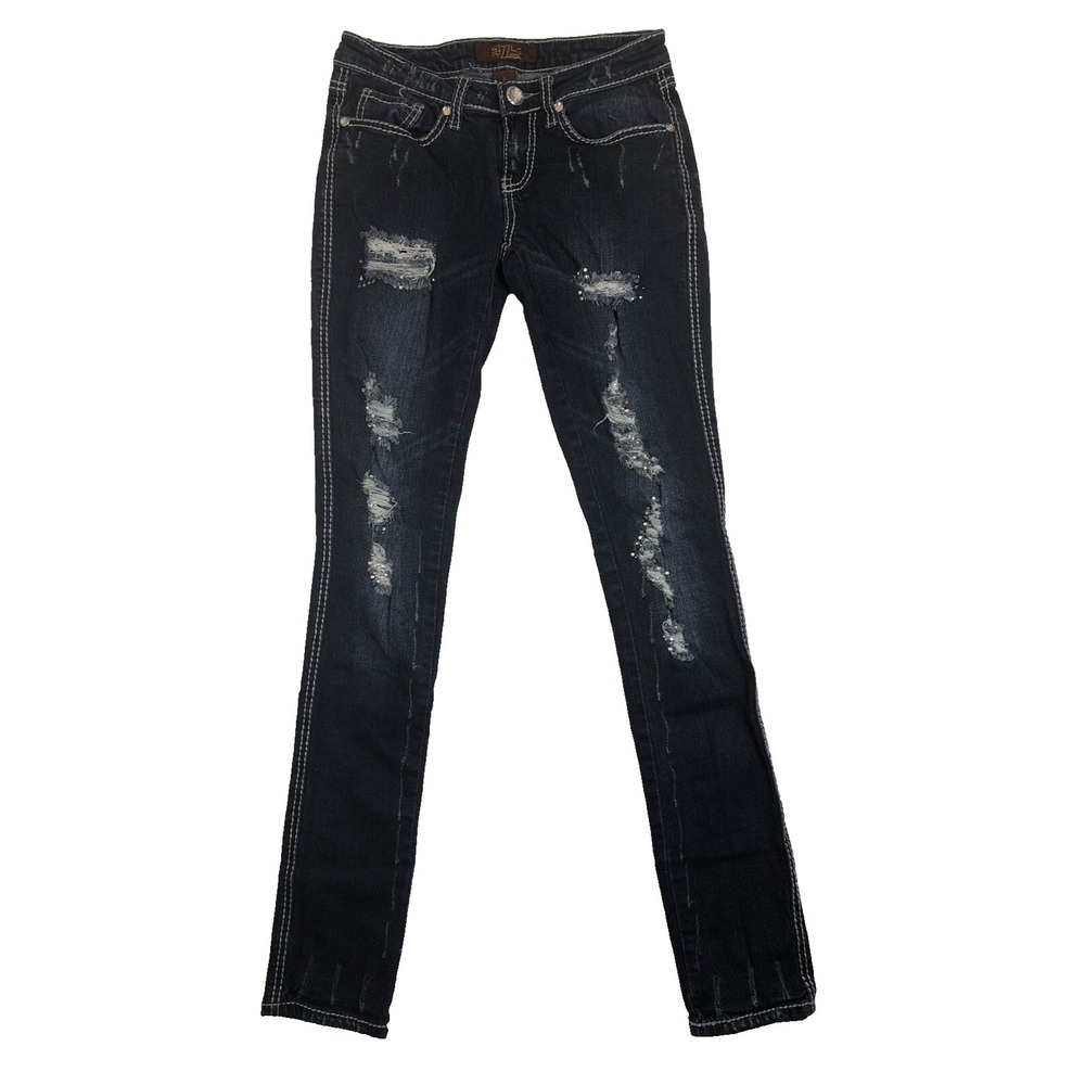 Sizzle Jeans Juniors Size 3 Denim Distressed Embellished Skinny Low Rise Women's